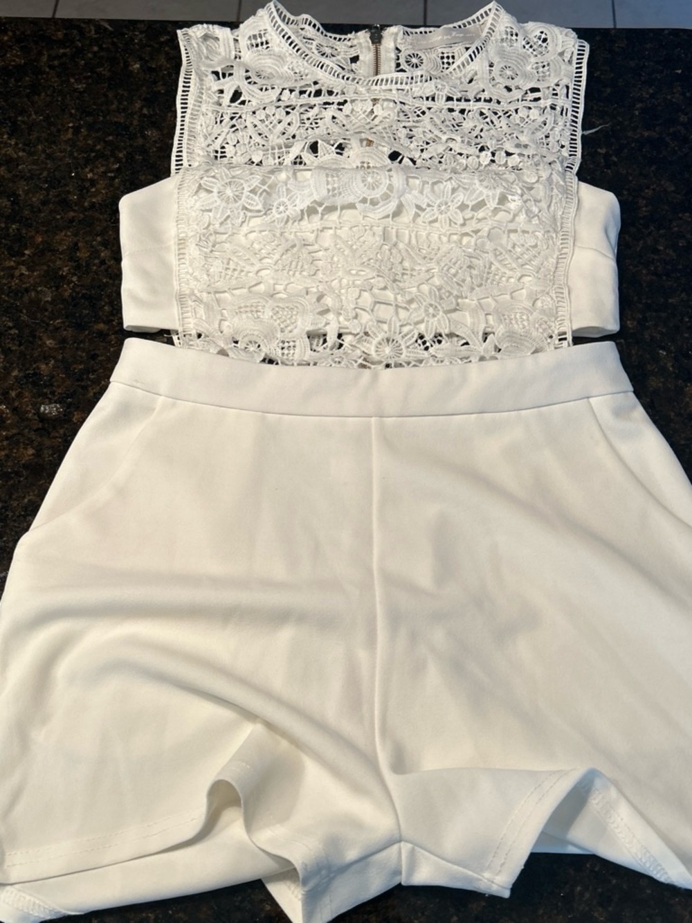Lucy Wang, short sleeveless romper with open brocade lace, zip back, juniors L